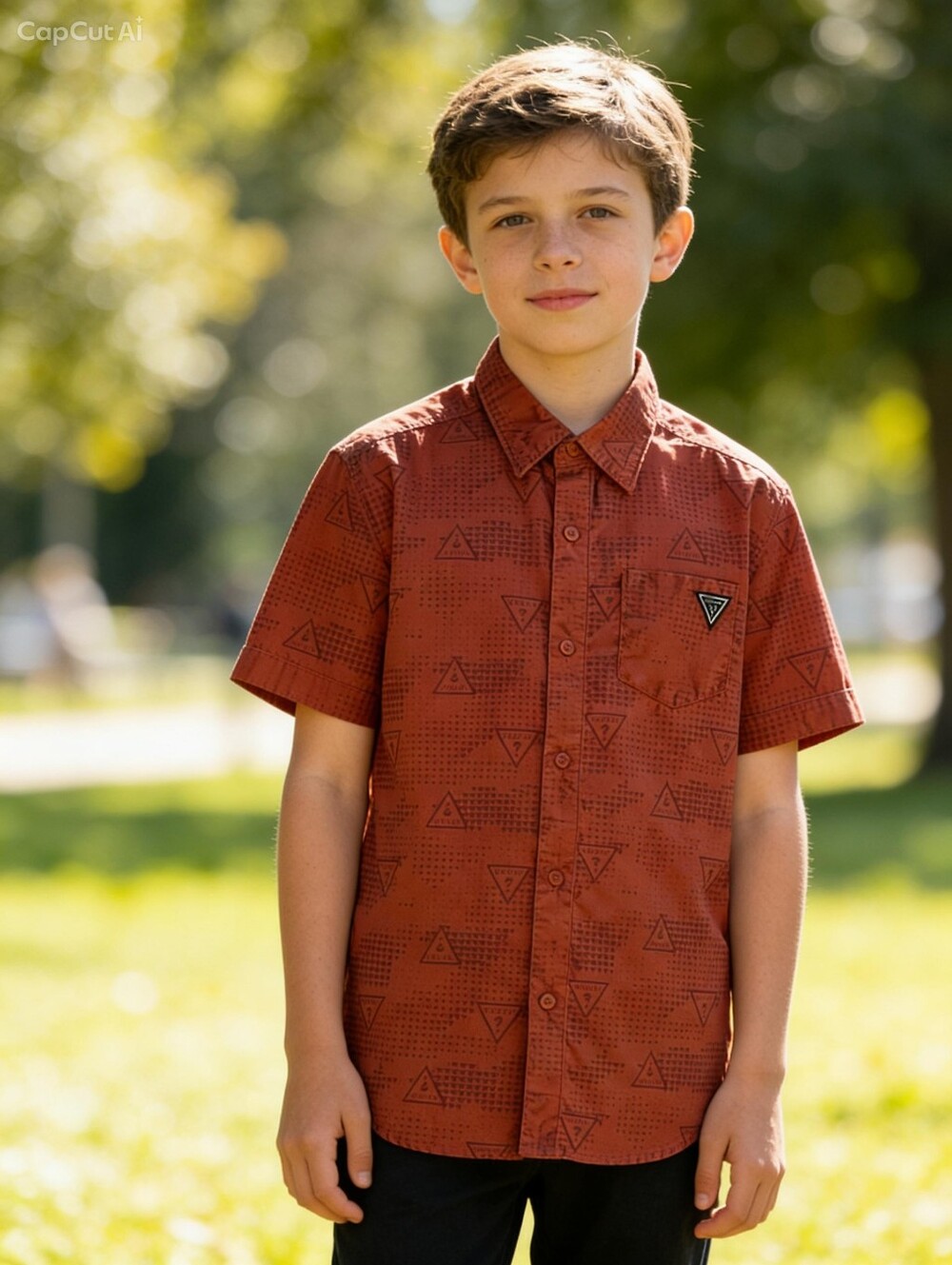 GUESS Boys Shirt Burnt Orange Logo Pattern Button Down Vacation Beach Sz 12-14